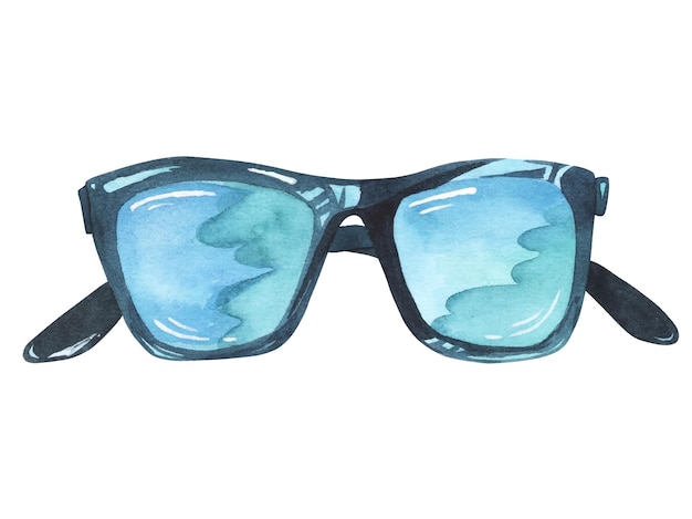 Ilustração em aquarela de óculos de sol de verão moda azul