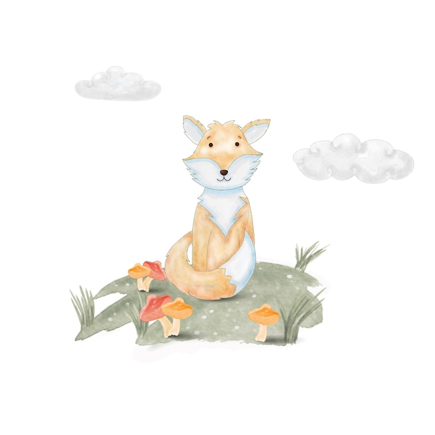 Ilustração em aquarela de raposa bonita com nuvem branca para berçário e chá de bebê