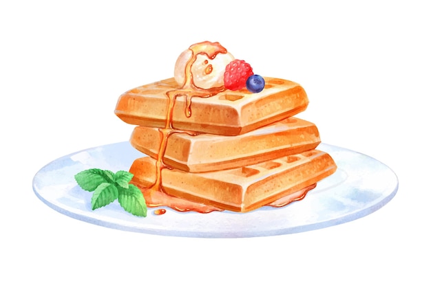 Ilustração em aquarela de sobremesa de waffles no prato