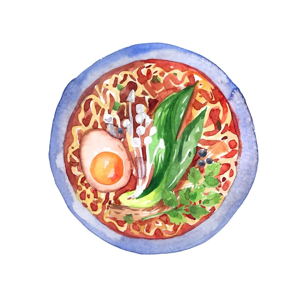 Ilustração em aquarela de sopa de ramen japonesa tradicional