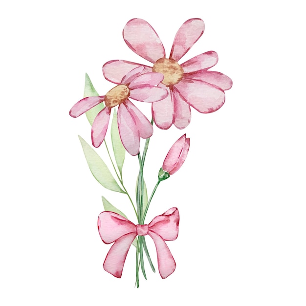 Ilustração em aquarela de um buquê de flores cor de rosa com um laço