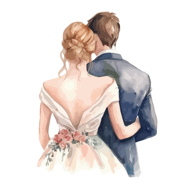 Ilustração em aquarela de um casal amoroso de noivos recém-casados