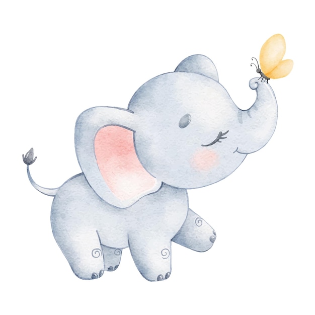 Vetor ilustração em aquarela de um elefante fofo de desenho animado animais tropicais fofos