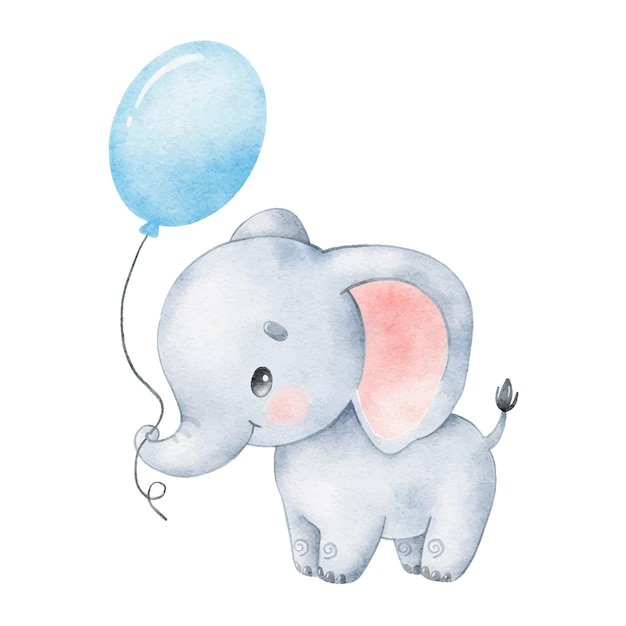 Ilustração em aquarela de um elefante fofo de desenho animado Animais tropicais fofos