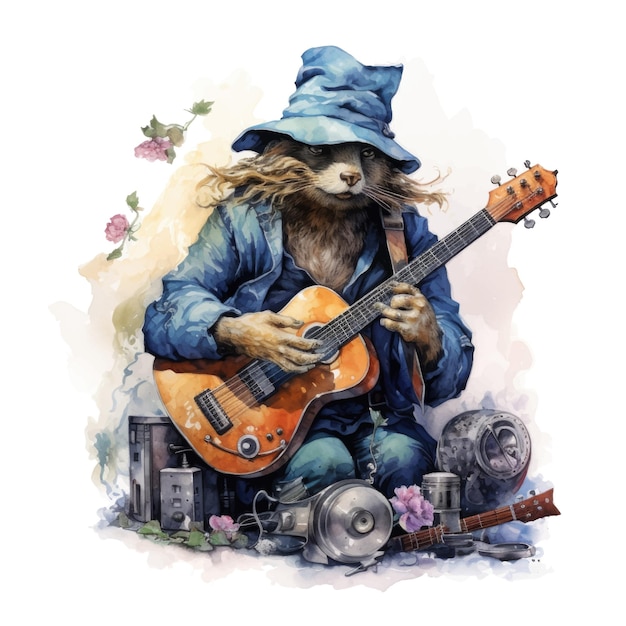 Vetor ilustração em aquarela de um gato de chapéu tocando violão