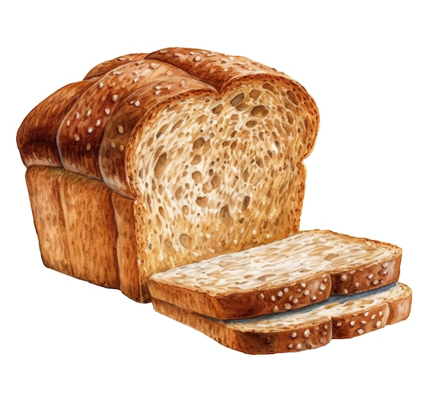Ilustração em aquarela de um pão e uma fatia de pão.