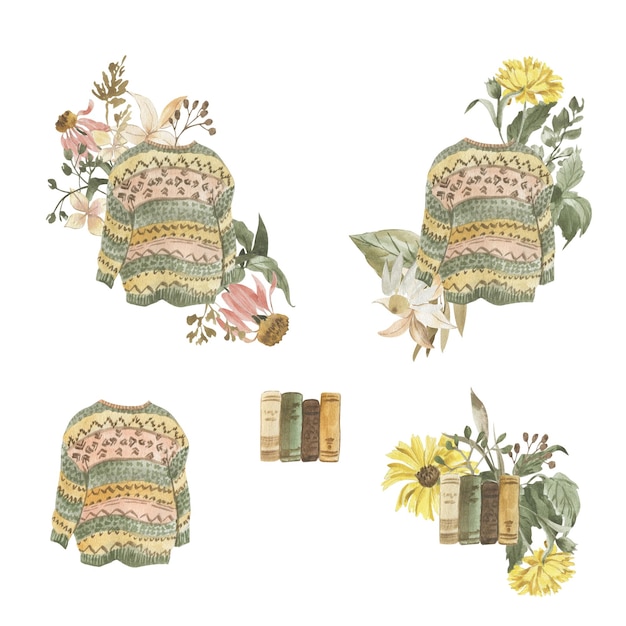 Ilustração em aquarela de um suéter de malha com folhas e flores