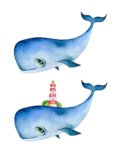 Vetor ilustração em aquarela de uma baleia azul bonito dos desenhos animados com olhos grandes e um farol nas costas