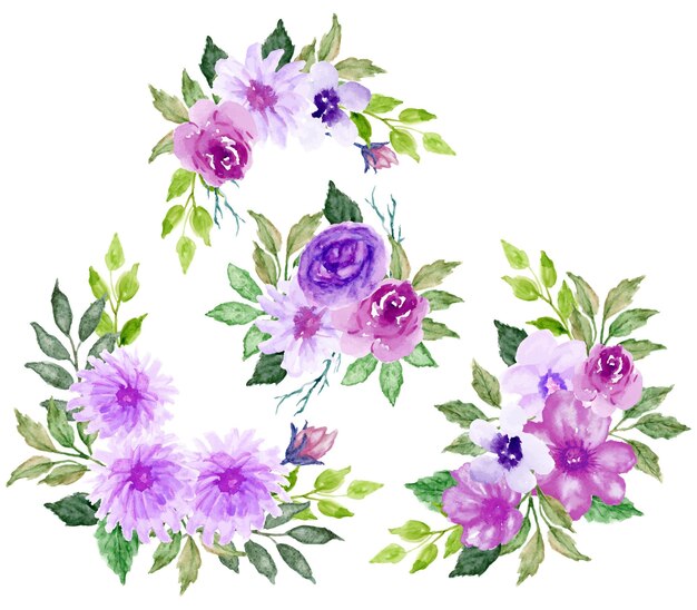 Vetor ilustração em aquarela de uma coroa de flores com flores roxas.