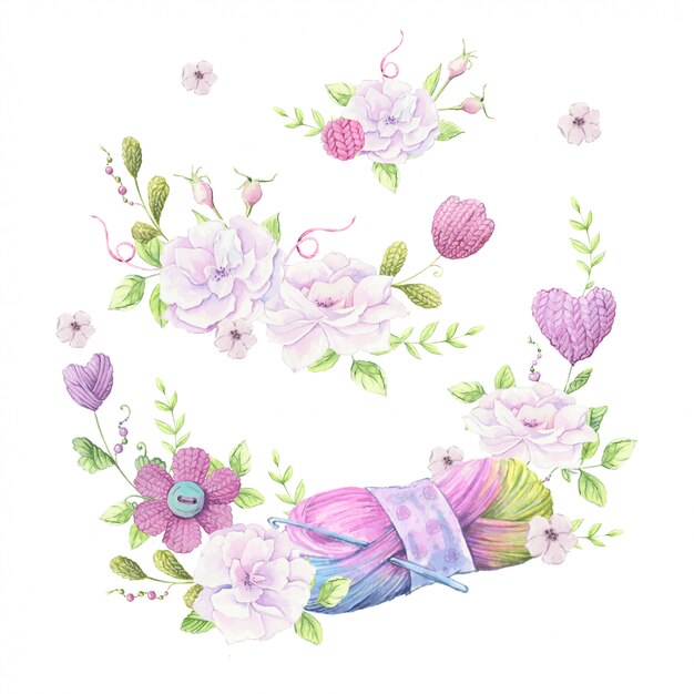 Ilustração em aquarela de uma coroa de flores de um buquê de rosas selvagens de cor rosa pálido e acessórios para tricô bordado