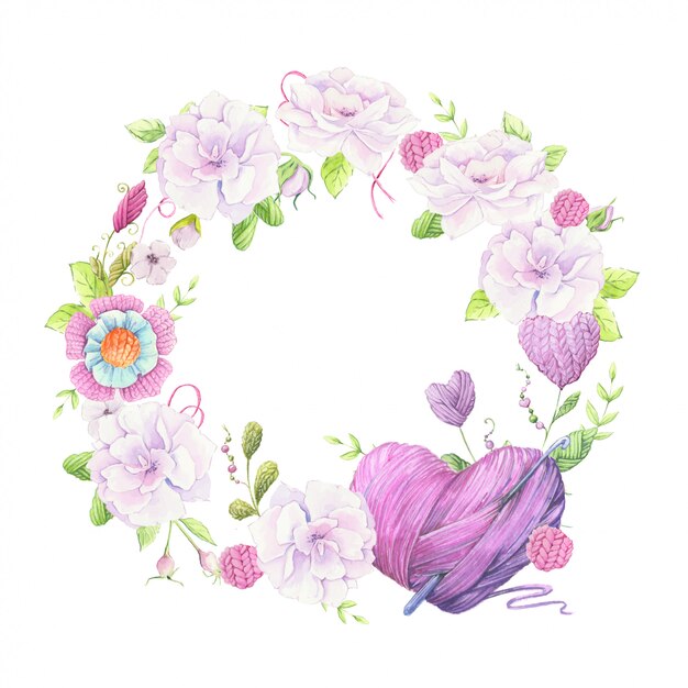 Ilustração em aquarela de uma coroa de flores de um buquê de rosas selvagens de cor rosa pálido e acessórios para tricô bordado