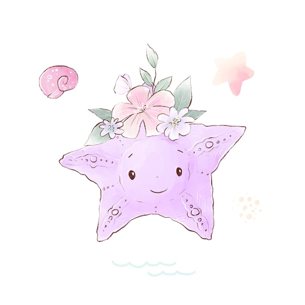 Ilustração em aquarela de uma estrela do mar fofa com flores delicadas