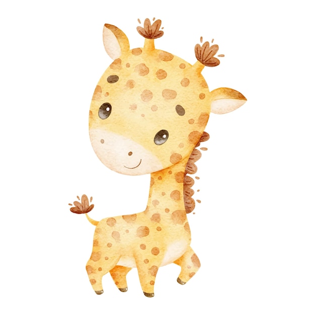 Vetor ilustração em aquarela de uma girafa fofa de desenho animado animais tropicais fofos