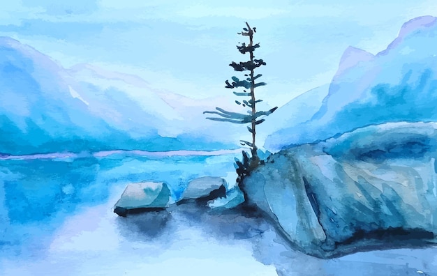 Ilustração em aquarela desenhada à mão lago e montanhas paisagem pôr do sol