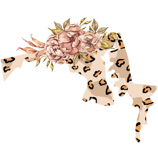 Ilustração em aquarela floral leopard maryland do mapa do estado para pôster de impressão por sublimação eua