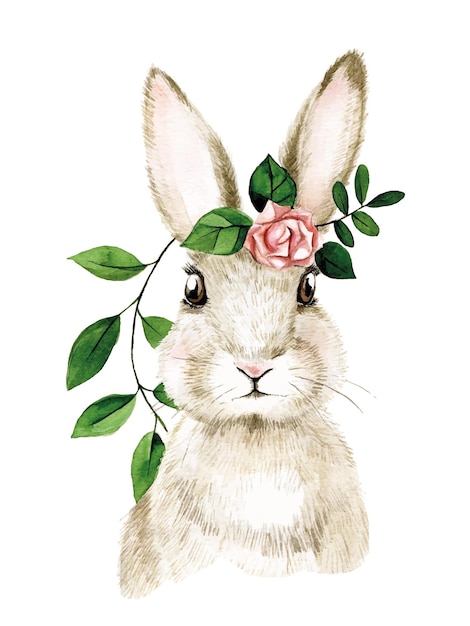 Vetor ilustração em aquarela fofa com desenho realista de coelhinho da páscoa de uma lebre de coelho com flores