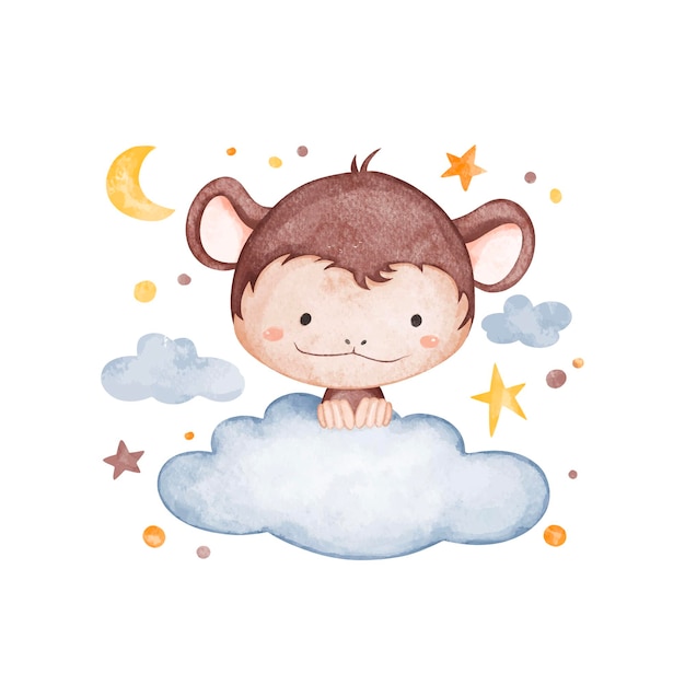 Vetor ilustração em aquarela macaco e nuvem com estrelas e lua