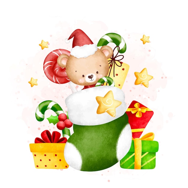 Vetor ilustração em aquarela urso de pelúcia fofo em meias de natal com presentes e doces de natal