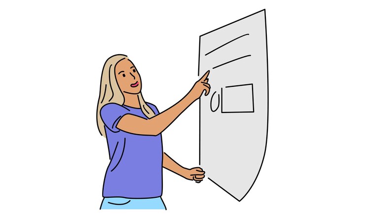 Vetor ilustração em cor de uma mulher escrevendo gráfico executivo de marketing no quadro