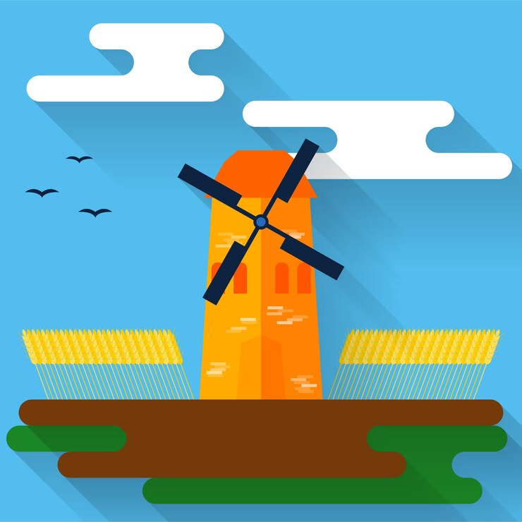 Vetor ilustração em cores vivas com moinho de vento de desenho animado e trigo em estilo moderno simples com longas sombras para uso no design