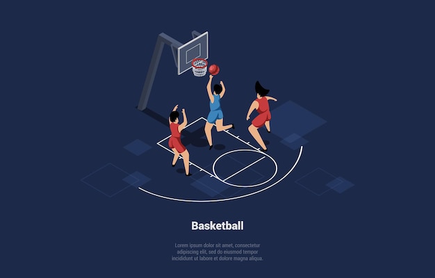 Ilustração em desenho animado em 3d do time de jogadores de basquete na quadra