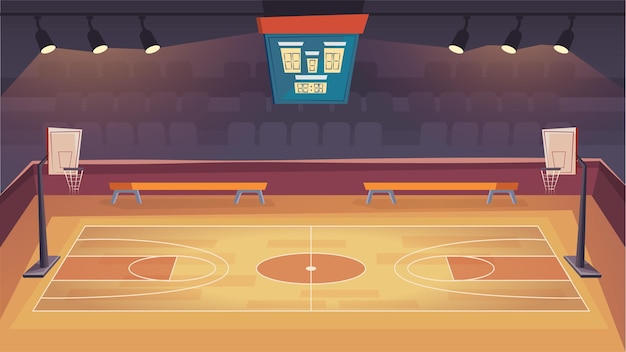 Ilustração em estilo cartoon plana de quadra de basquete de fundo da web