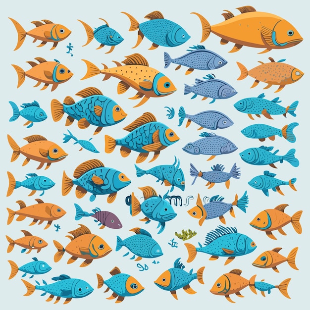 Vetor ilustração em estilo de desenho animado de coleção de peixes de peixes diferentes