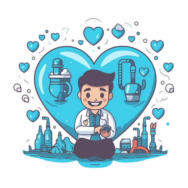 Vetor ilustração em estilo de desenho animado vetorial de um homem em uma bata médica com um estetoscópio sentado na frente de um grande coração azul