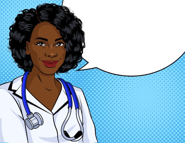 Vetor ilustração em estilo pop art. mulher afro-americana com um uniforme branco de enfermeira. médica negra com estetoscópio no pescoço