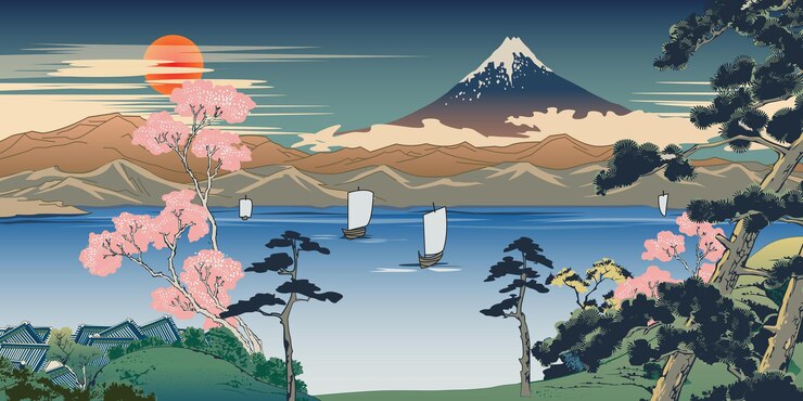 Vetor ilustração em estilo yamatoe japonês de uma vista do monte fuji