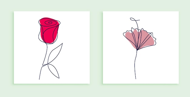 Ilustração em linha contínua de flores com folhas abstratas conjunto de design