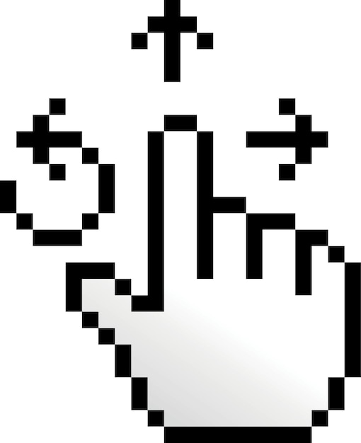 Ilustração em pixel de um gesto de toque de pinça que gira e arrasta