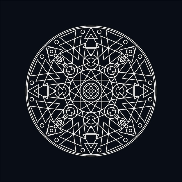 Ilustração em prata geométrica mandala lineart isolada no preto. motivo tradicional. tatuagem boho