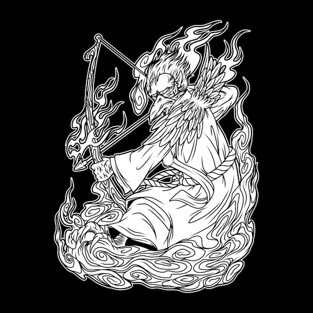 Ilustração em preto e branco da mitologia japonesa tengu