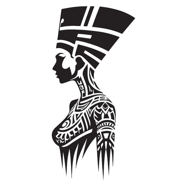 Vetor ilustração em preto e branco da silhueta de nefertiti em tatuagem tribal