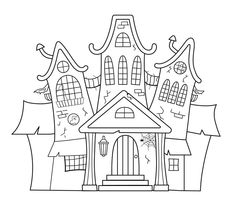 Vetor ilustração em preto e branco de casa assombrada em vetor. página para colorir de halloween assustador para crianças. convite para festa de samhain assustador ou design de cartão.