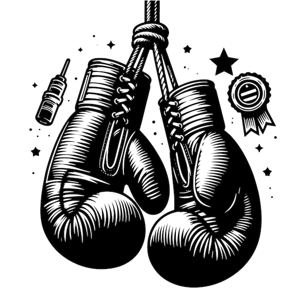 Ilustração em preto e branco de luvas de boxe suspensas