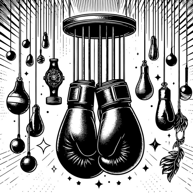 Vetor ilustração em preto e branco de luvas de boxe suspensas