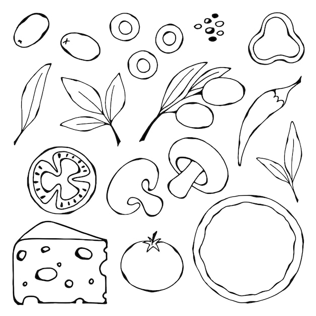 Ilustração em preto e branco de um conjunto de ingredientes de pizza em estilo doodle desenhado à mão