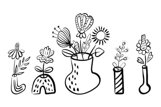 Ilustração em preto e branco desenhada à mão de vasos de flores decorativos com arranjos florais caprichosos