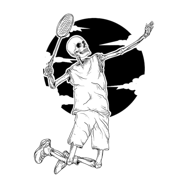 Ilustração em preto e branco desenhada à mão esqueleto badminton