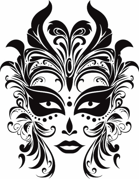 Vetor ilustração em preto e branco do rosto de uma mulher com uma máscara.