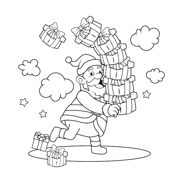 Ilustração em preto e branco para livro de colorir de natal do papai noel carregando caixas de presente de desenho animado