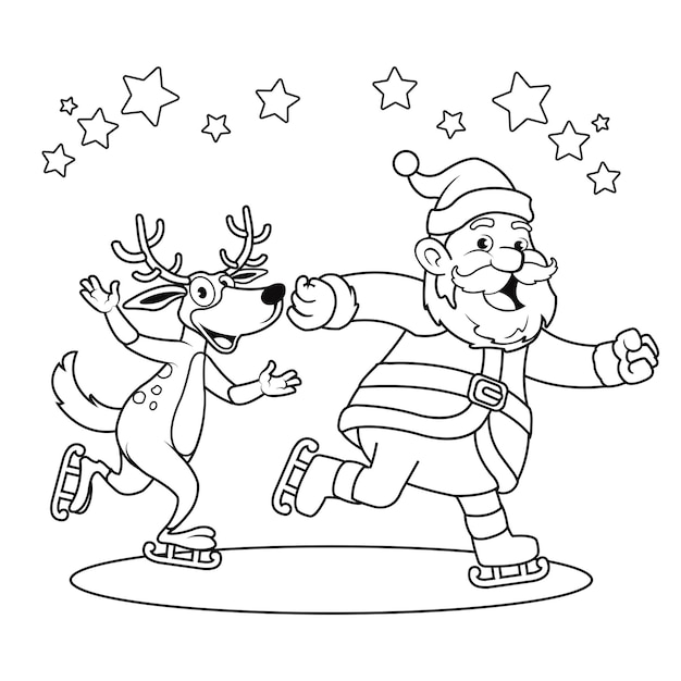 Ilustração em preto e branco para livro de colorir de natal do papai noel patinação no gelo com desenho de cervo