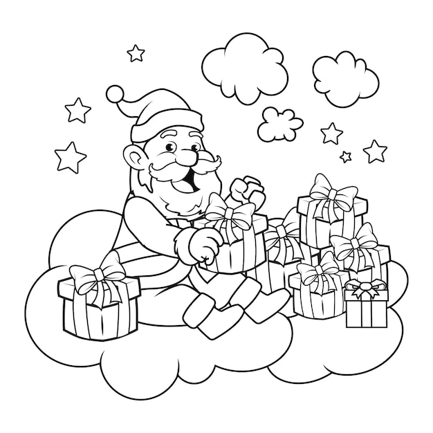 Ilustração em preto e branco para o livro de colorir de natal do papai noel sentado e em caixas de presente abertas