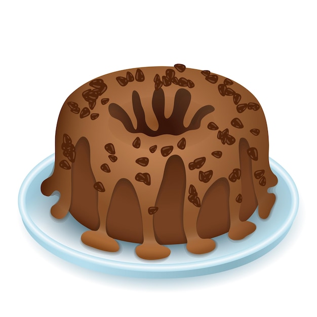 Vetor ilustração em vetor 3d de bolo de chocolate. sobremesa servida no prato em casa ou restaurante em estilo cartoon, isolado no fundo branco. restaurante, menu, conceito de comida