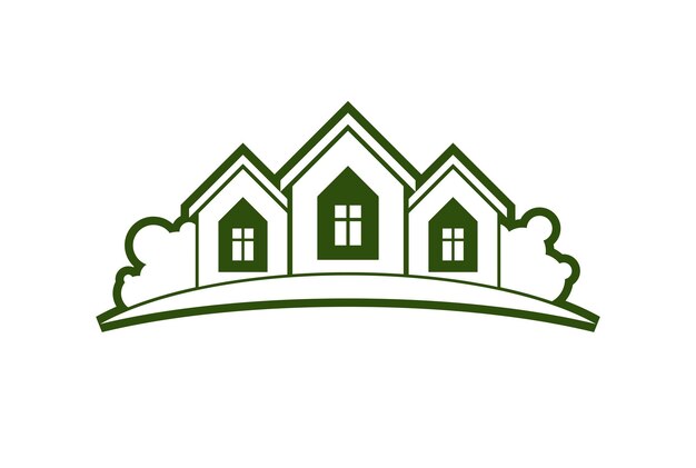 Ilustração em vetor abstrato de casas de campo com linha do horizonte. Edifícios simples no fundo da natureza, emblema gráfico para publicidade e imóveis.