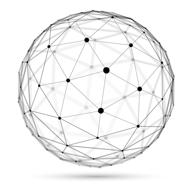 Ilustração em vetor abstrato malha 3D esfera, pontos conectados com o objeto poligonal de tecnologia de linhas isolado no fundo branco, estrutura dinâmica com profundidade realista do efeito de campo.