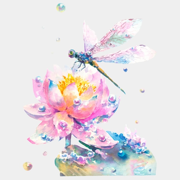 Ilustração em vetor aquarela de nenúfares brancos e rosa com borboleta, libélulas e orvalho.