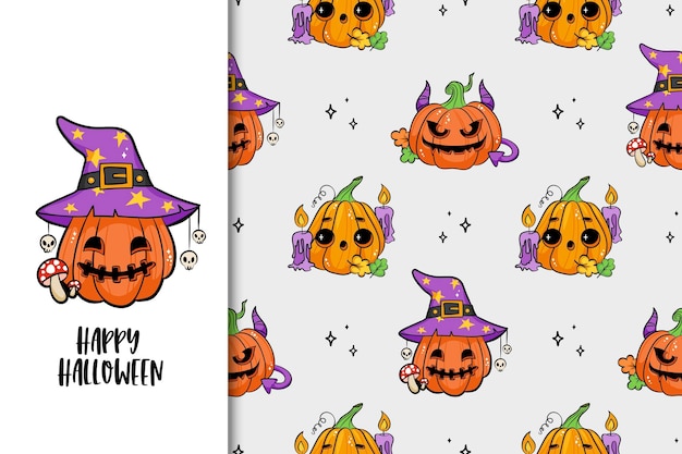 Ilustração em vetor bonito e assustador halloween abóboras dos desenhos animados. cartão engraçado e padrão perfeito